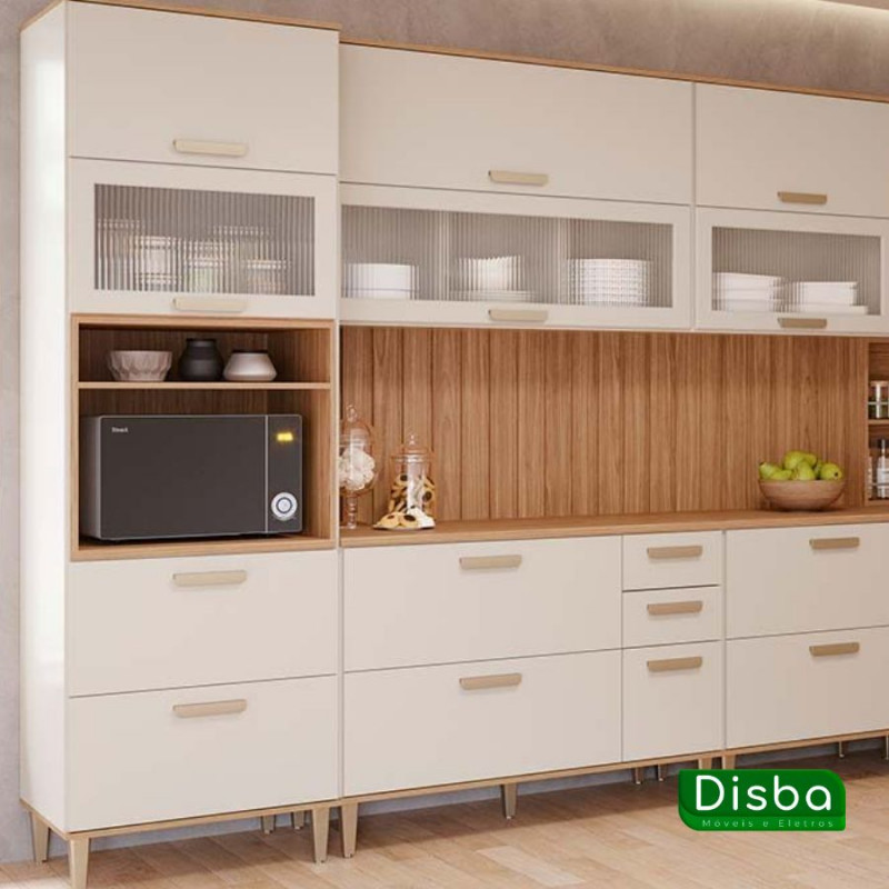 Cozinha Completa Bella 100% MDF 5 Peças (2aéreos+2balcões+1paneleiro) Off White/Freijo - MGM