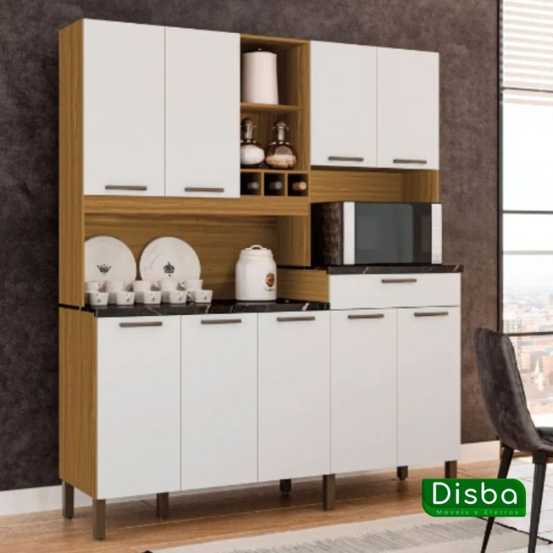 Armário de Cozinha Kit em MDF 9 Portas 1 Gaveta Ronipa Merlot Prime Amendoa/Branco