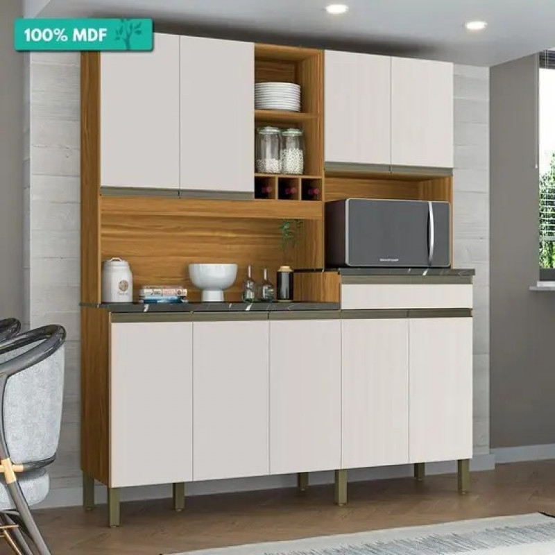 Armário de Cozinha Kit em MDF 9 Portas 1 Gaveta Ronipa Merlot Prime Amendoa/Branco