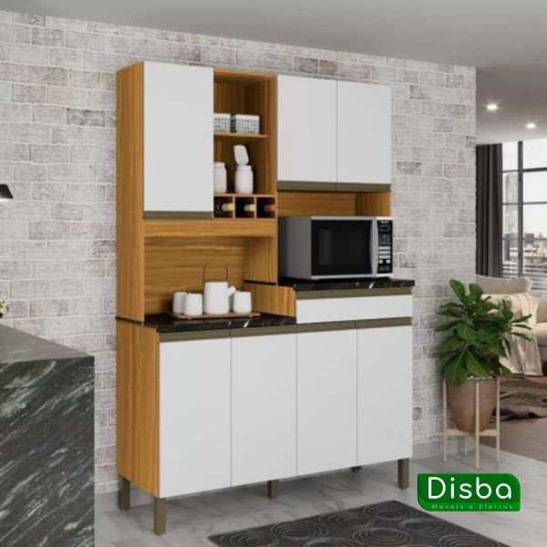 Armário de Cozinha Kit em MDF 7 Portas 1 Gaveta Ronipa Verdot Perfil Amendoa/Branco