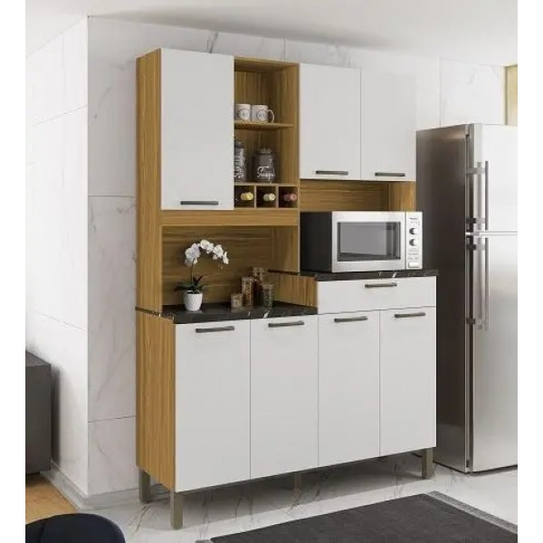 Armário de Cozinha Kit em MDF 7 Portas 1 Gaveta Ronipa Verdot Perfil Amendoa/Branco