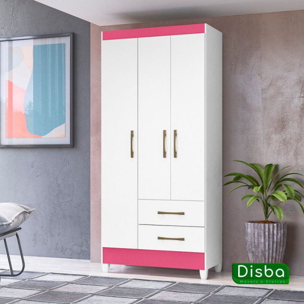 Guarda-Roupa Solteiro 3 Portas 2 Gavetas Lima Branco/Rosa/Branco-Flex - Moval