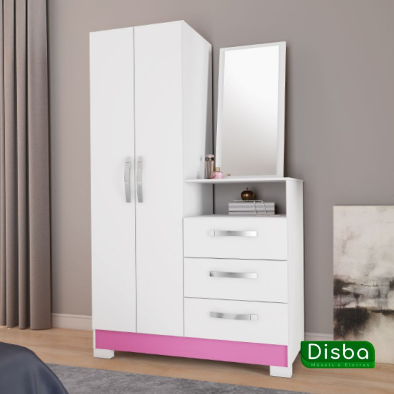 Cômoda para Quarto com Espelho 2 Portas 3 Gavetas Notável Móveis NT5165 Branco/Rosa