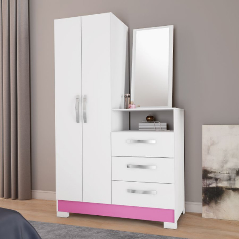 Cômoda para Quarto com Espelho 2 Portas 3 Gavetas Notável Móveis NT5165 Branco/Rosa