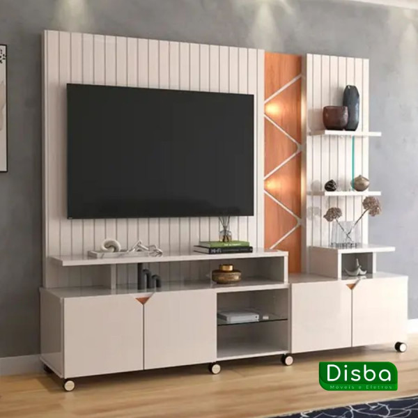 Estante Home TV de até 55 Polegadas com LED Cross cor Off White Perolizado/Jequitiba - Lukaliam