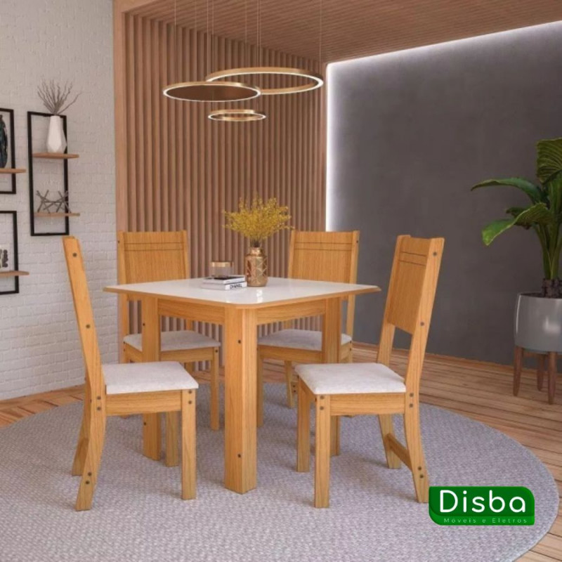 Conjunto de Mesa de Jantar Quadrada 90cm com 4 Cadeiras Lisboa Freijó / Off White Indekes