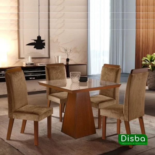 Conjunto Mesa Prada 90x90 com 4 Cadeiras Tampo Vidro LJ Móveis Castanho/Cinamomo