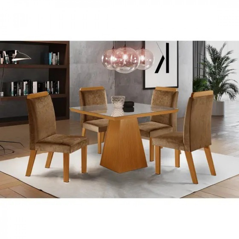 Conjunto Mesa Prada 90x90 com 4 Cadeiras Tampo Vidro LJ Móveis Castanho/Cinamomo